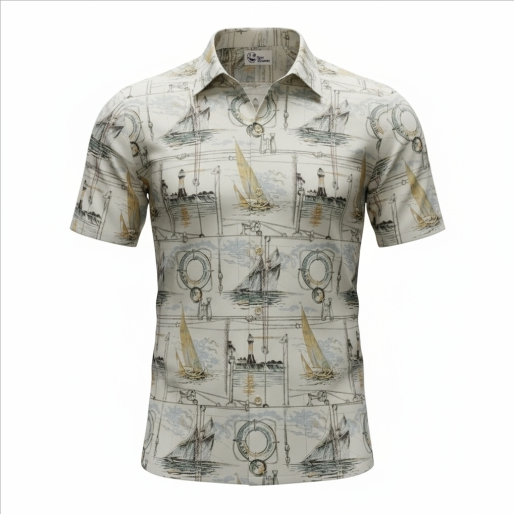 Reyn Spooner - Lighthouse Compass Boat Reverse Print Short Sleeve Shirt | 2XL